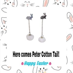 EASTER BUNNY🐇 STAINLESS STEEL COTTON TAIL DANGLE EARRINGS. TOO CUTE! HAND CRAFT